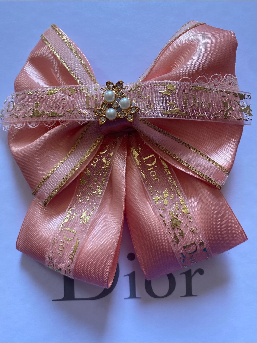 Handmade Dior Rose Pink Satin Ribbon Bow Hair Clip with Gold Trim&Pearl Cluster